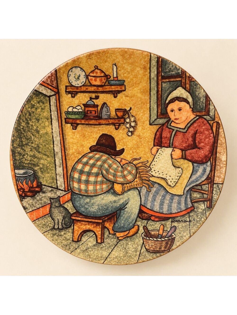 Vintage Italian Folk Art Ceramic Wall Plate Rustic Couple Country Kitchen Italy